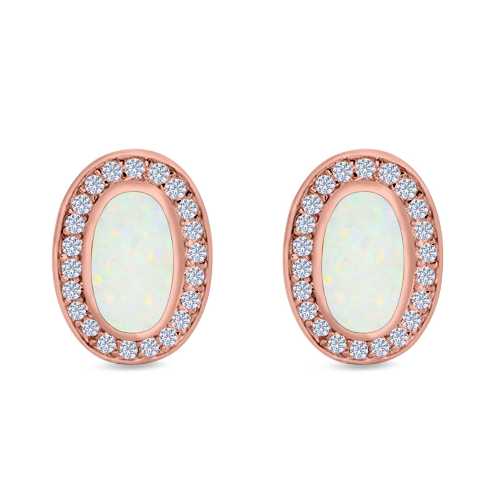 Halo Oval Stud Earrings Created Opal 925 Sterling Silver (16mm)