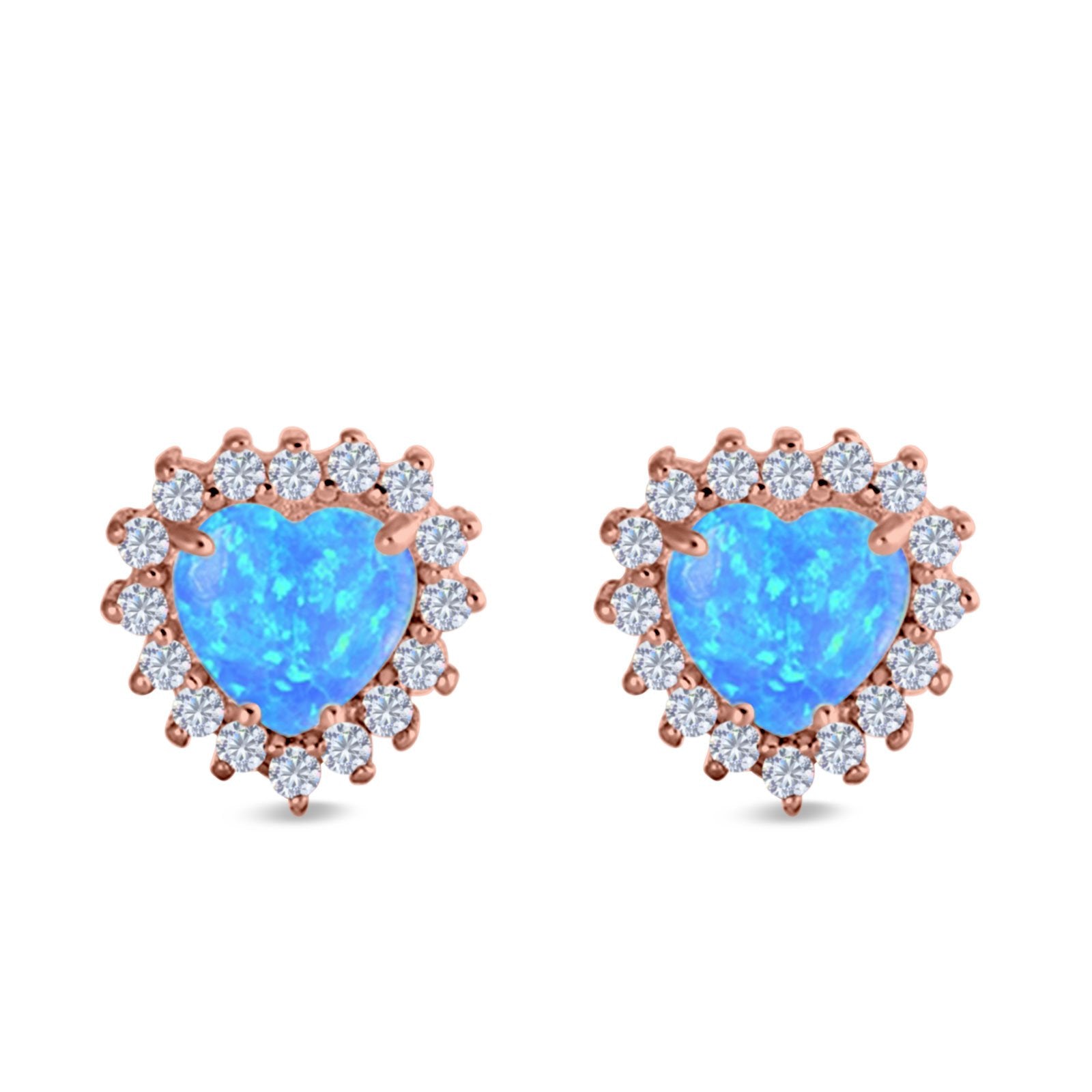 Halo Art Deco Heart Stud Earrings Created Opal 925 Sterling Silver (12mm)