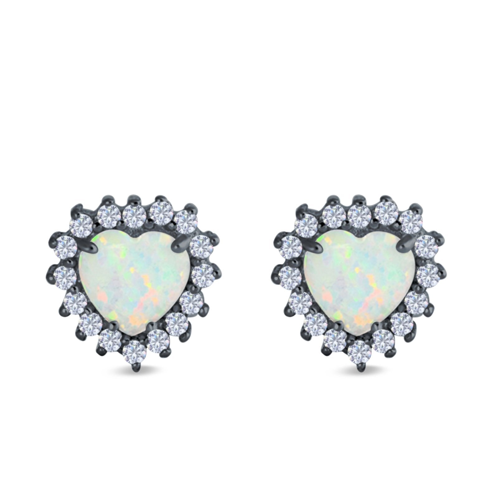 Halo Art Deco Heart Stud Earrings Created Opal 925 Sterling Silver (12mm)