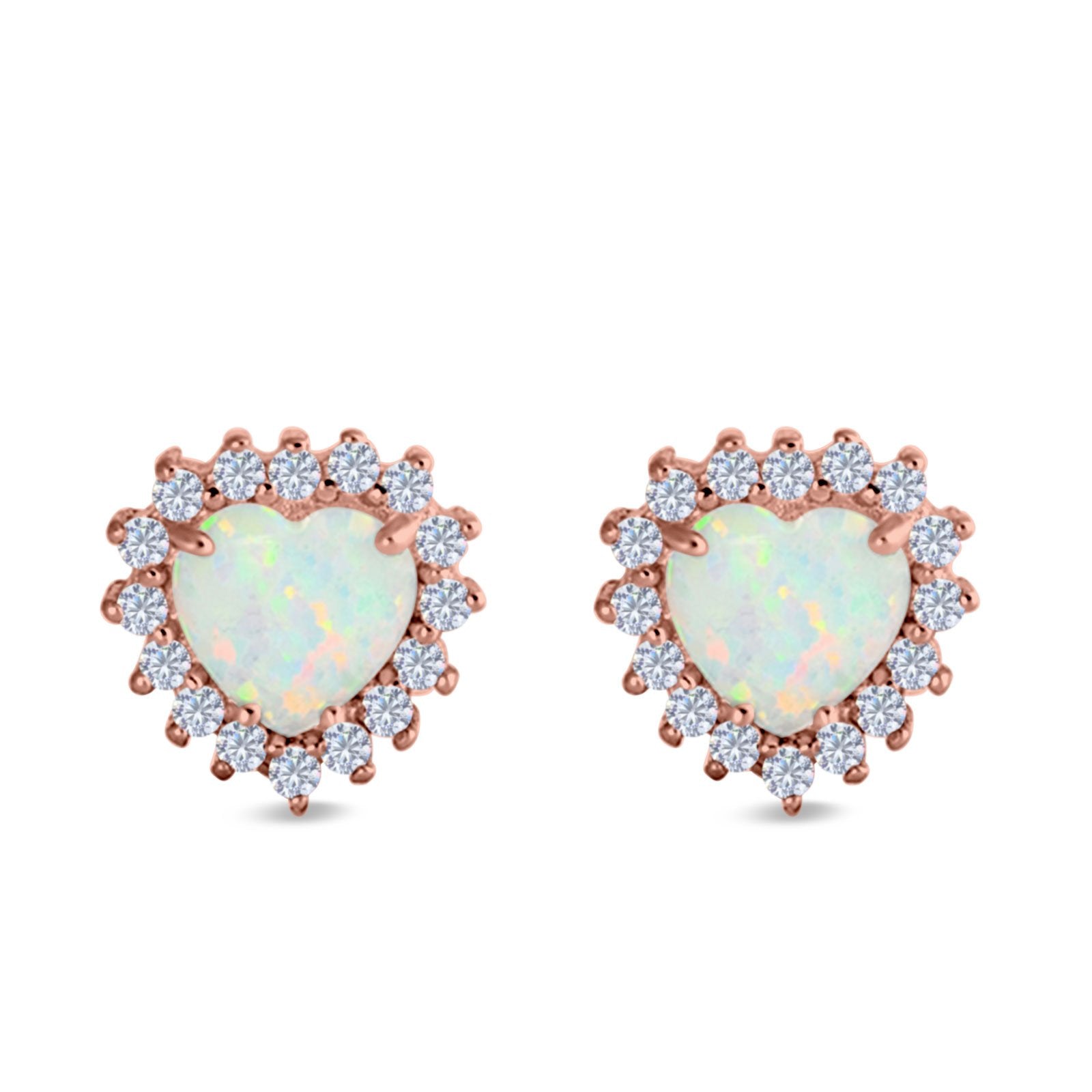 Halo Art Deco Heart Stud Earrings Created Opal 925 Sterling Silver (12mm)