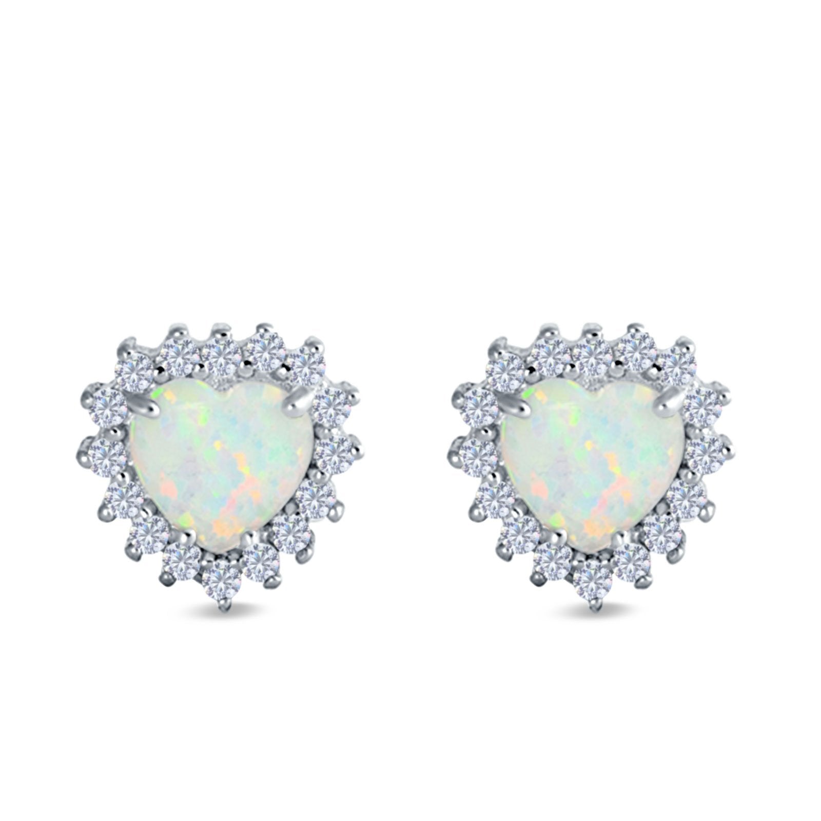 Halo Art Deco Heart Stud Earrings Created Opal 925 Sterling Silver (12mm)
