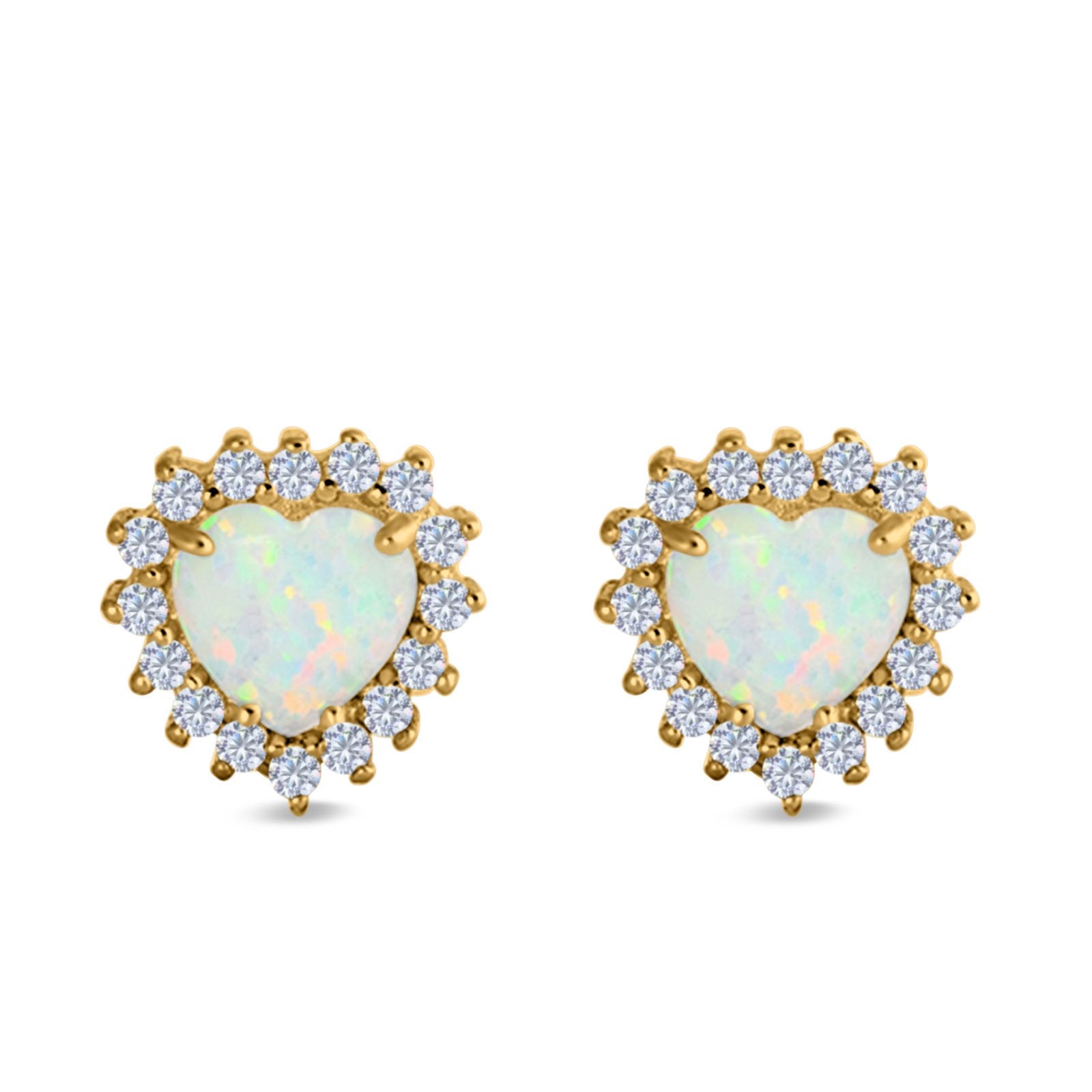 Halo Art Deco Heart Stud Earrings Created Opal 925 Sterling Silver (12mm)
