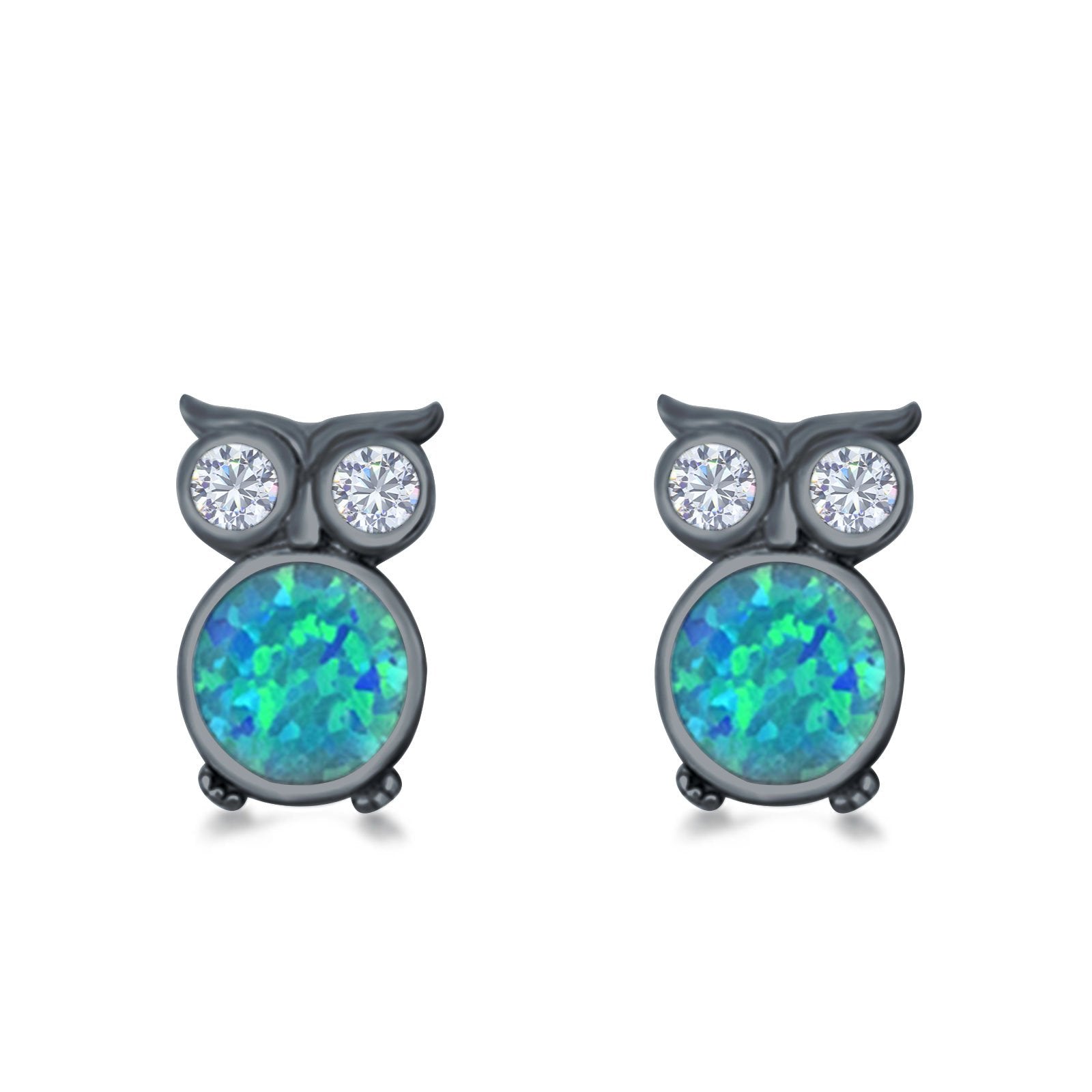 Owl Stud Earrings Lab Created Opal 925 Sterling Silver