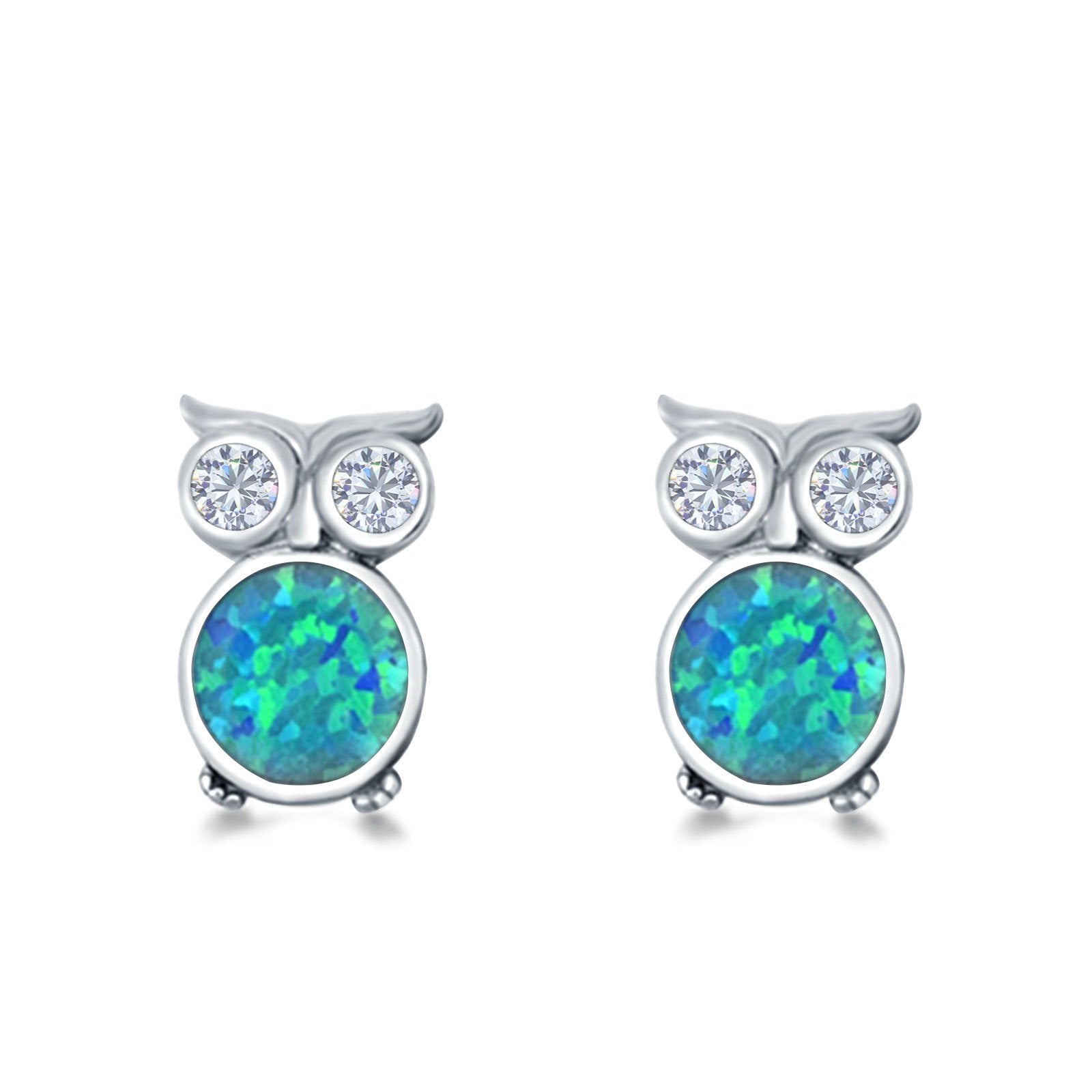 Owl Stud Earrings Lab Created Opal 925 Sterling Silver