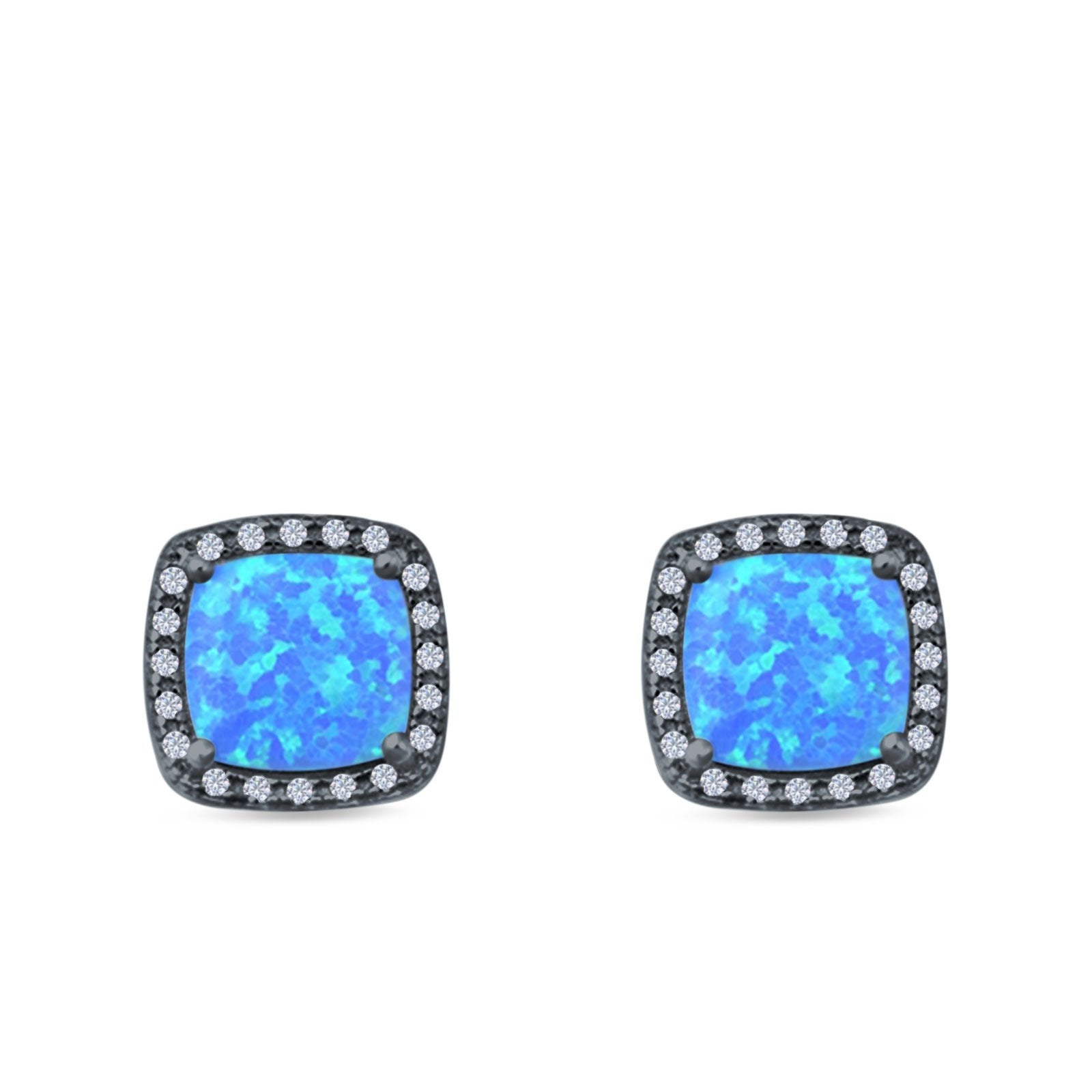 Halo Princess Cut Stud Earrings Created Opal 925 Sterling Silver