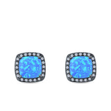 Halo Princess Cut Stud Earrings Created Opal 925 Sterling Silver