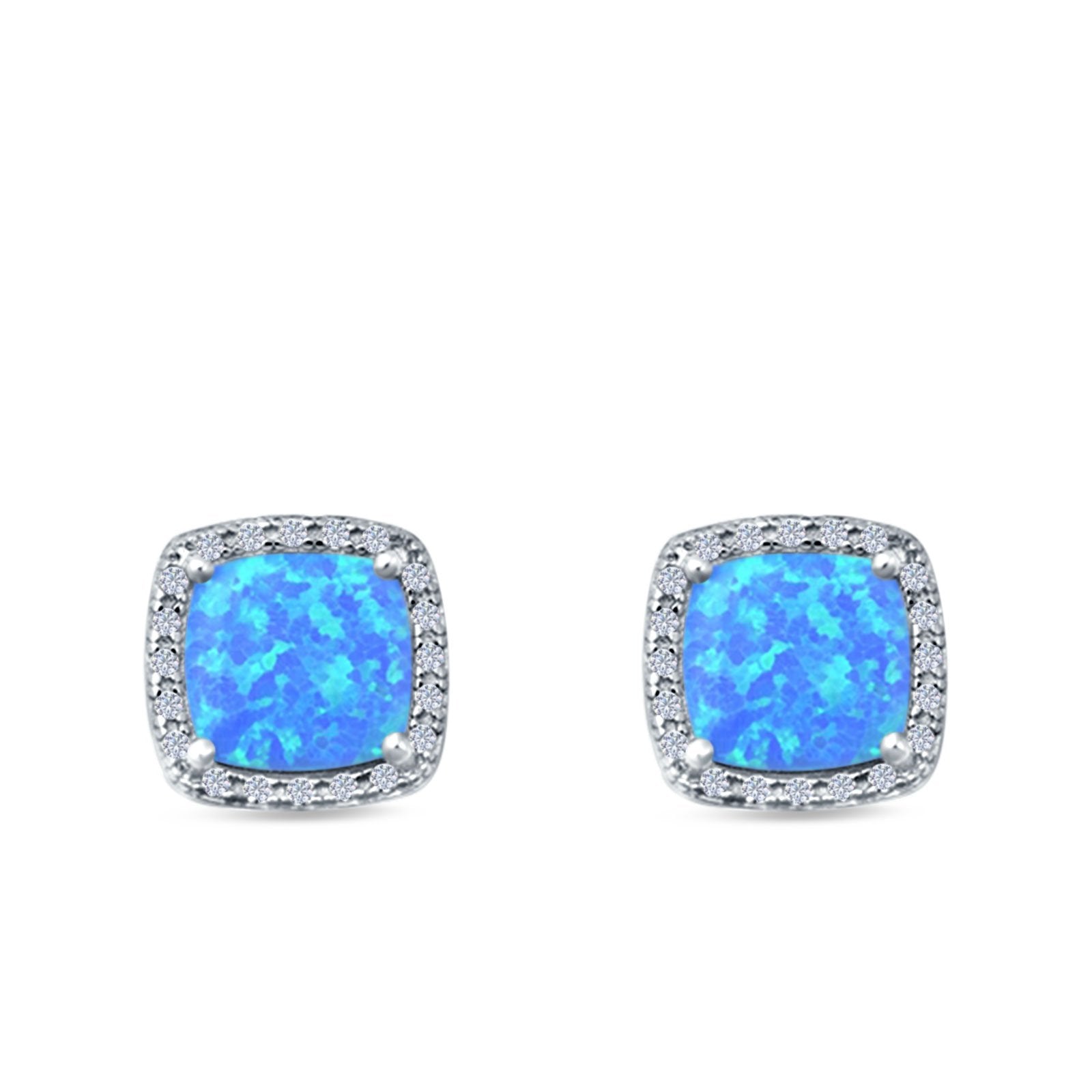 Halo Princess Cut Stud Earrings Created Opal 925 Sterling Silver