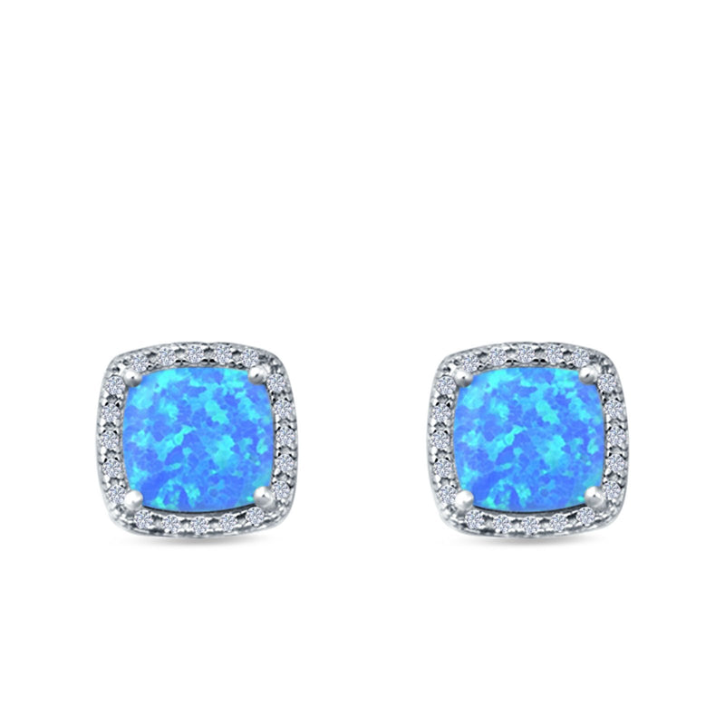 Halo Princess Cut Stud Earrings Created Opal 925 Sterling Silver