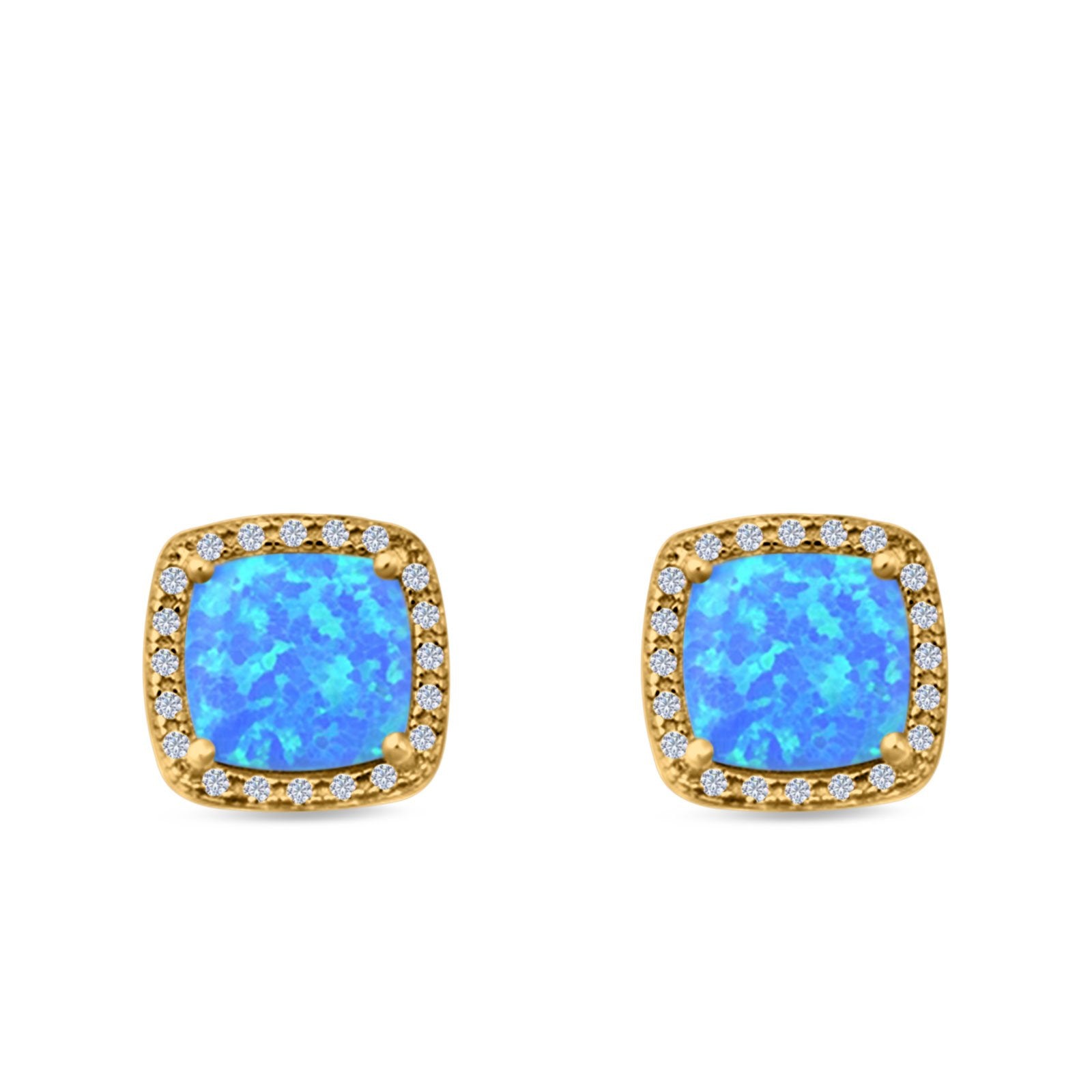 Halo Princess Cut Stud Earrings Created Opal 925 Sterling Silver