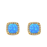 Halo Princess Cut Stud Earrings Created Opal 925 Sterling Silver