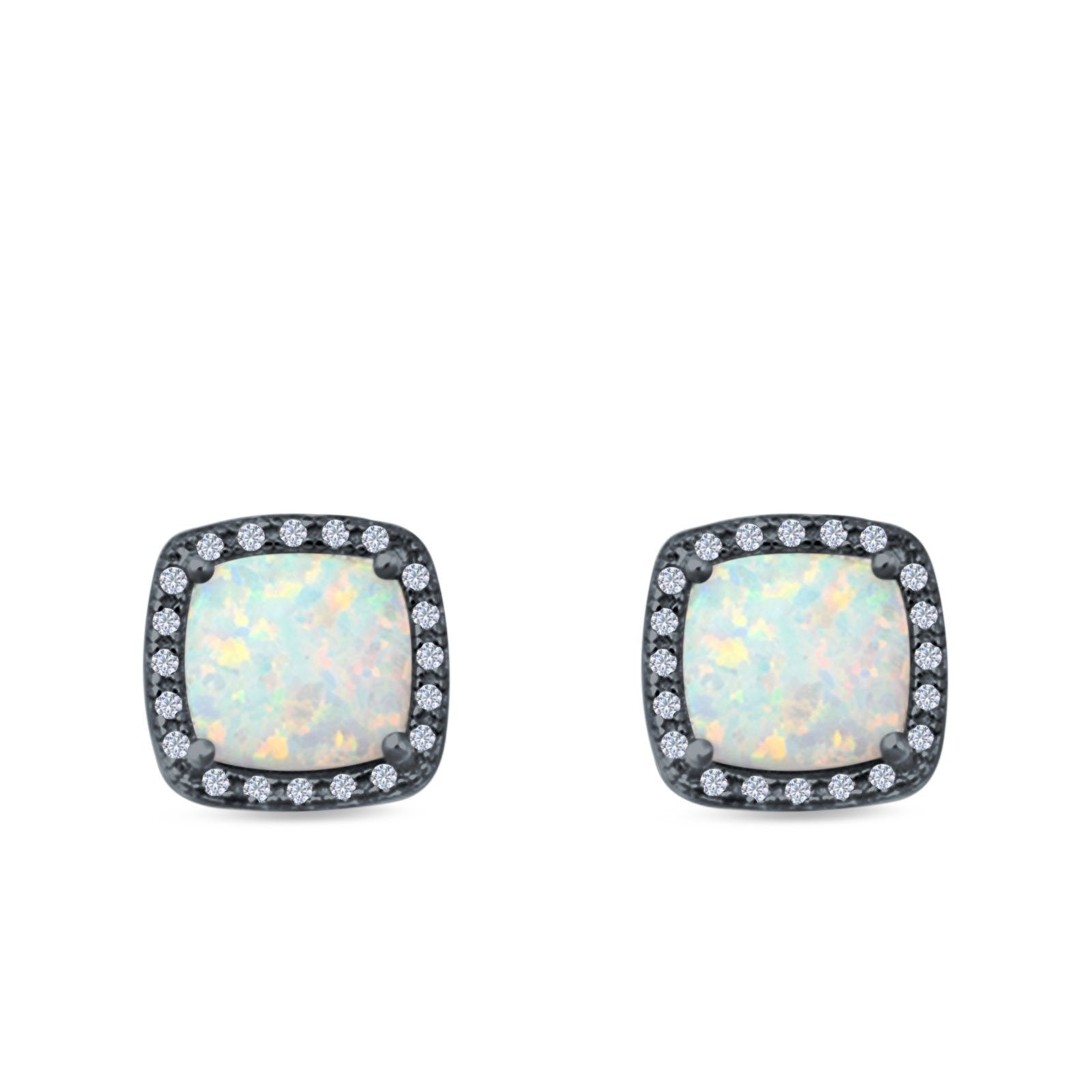 Halo Princess Cut Stud Earrings Created Opal 925 Sterling Silver