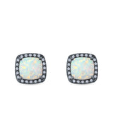Halo Princess Cut Stud Earrings Created Opal 925 Sterling Silver