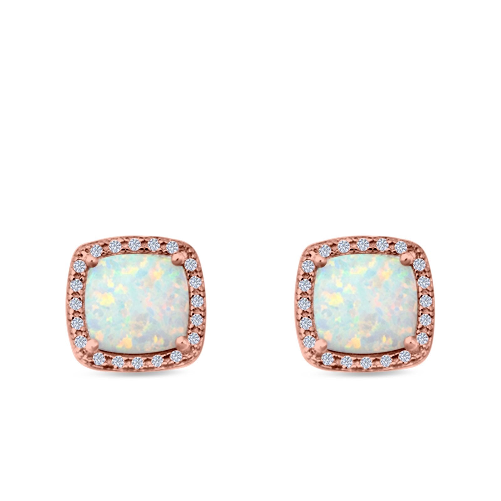 Halo Princess Cut Stud Earrings Created Opal 925 Sterling Silver