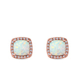 Halo Princess Cut Stud Earrings Created Opal 925 Sterling Silver