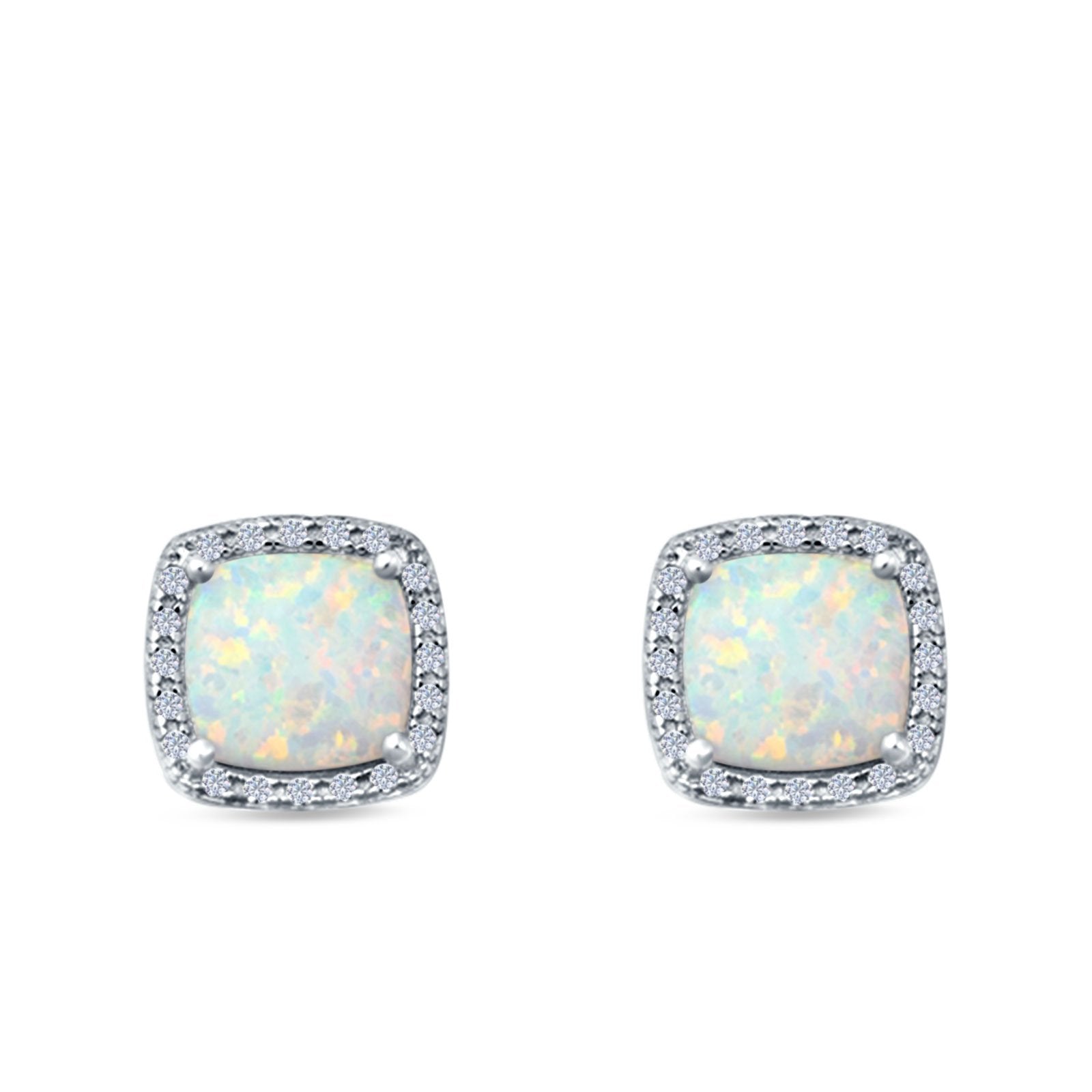 Halo Princess Cut Stud Earrings Created Opal 925 Sterling Silver
