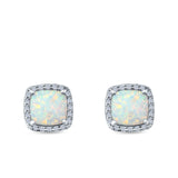 Halo Princess Cut Stud Earrings Created Opal 925 Sterling Silver