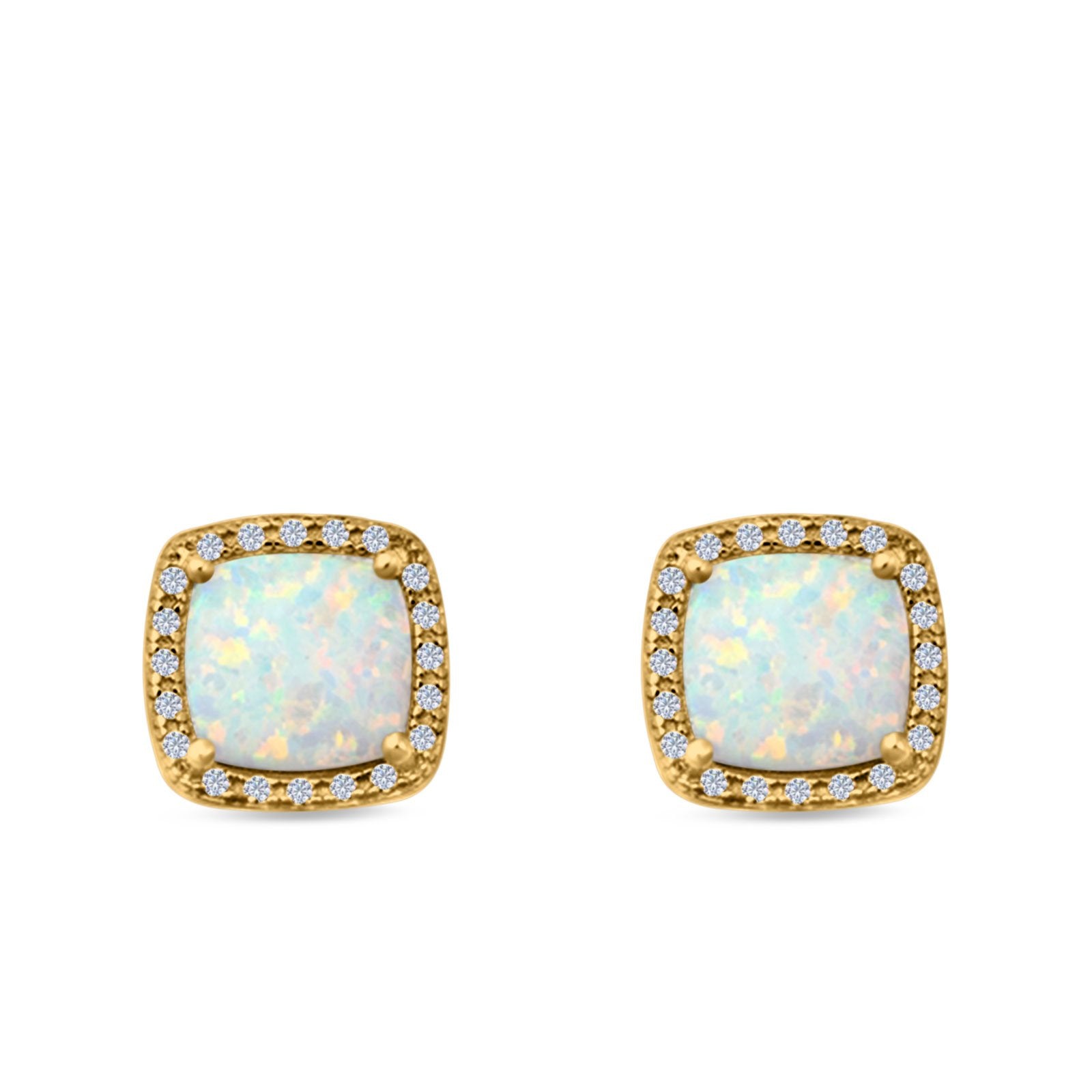 Halo Princess Cut Stud Earrings Created Opal 925 Sterling Silver