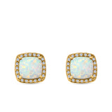 Halo Princess Cut Stud Earrings Created Opal 925 Sterling Silver
