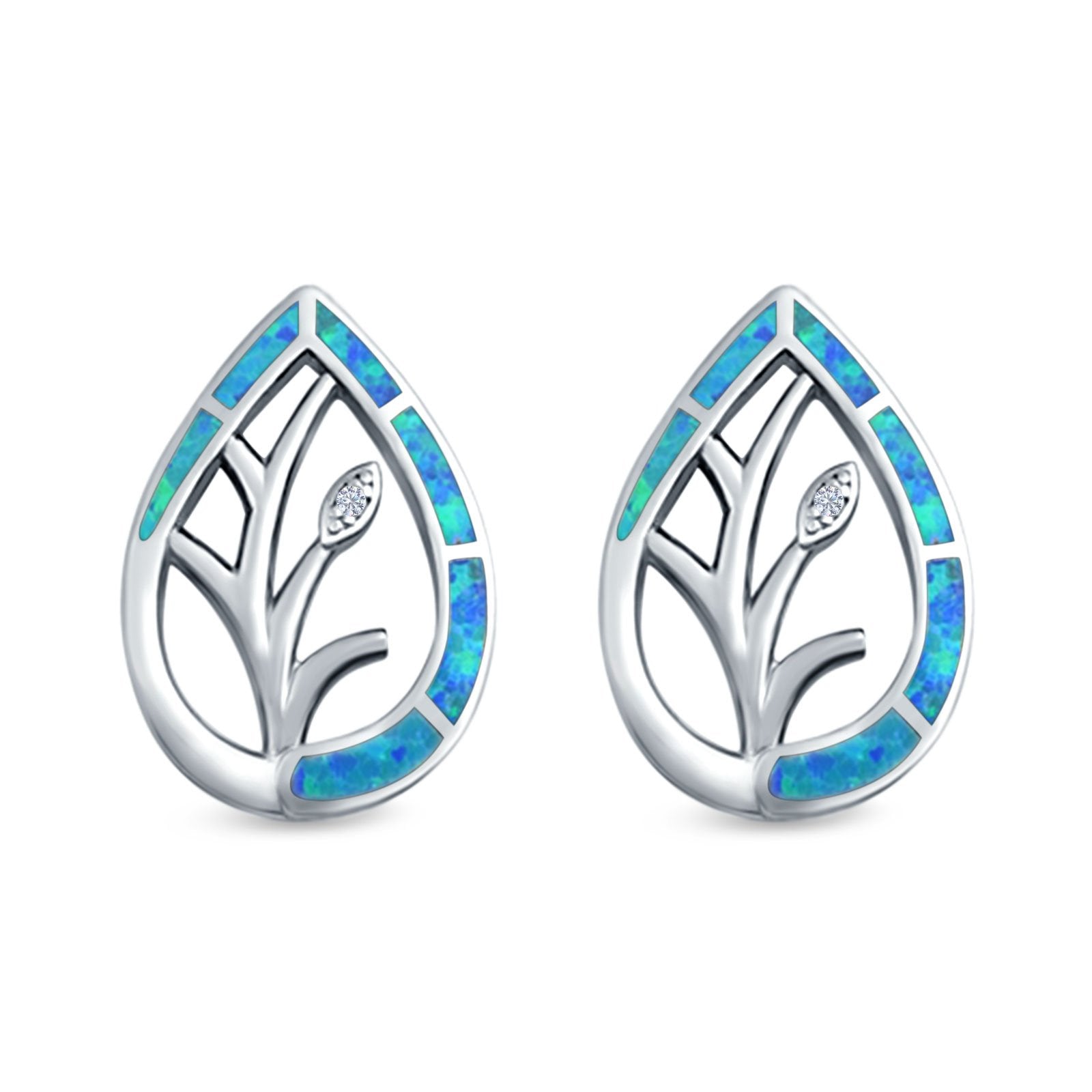 Pear Shape Stud Earrings Created Opal 925 Sterling Silver