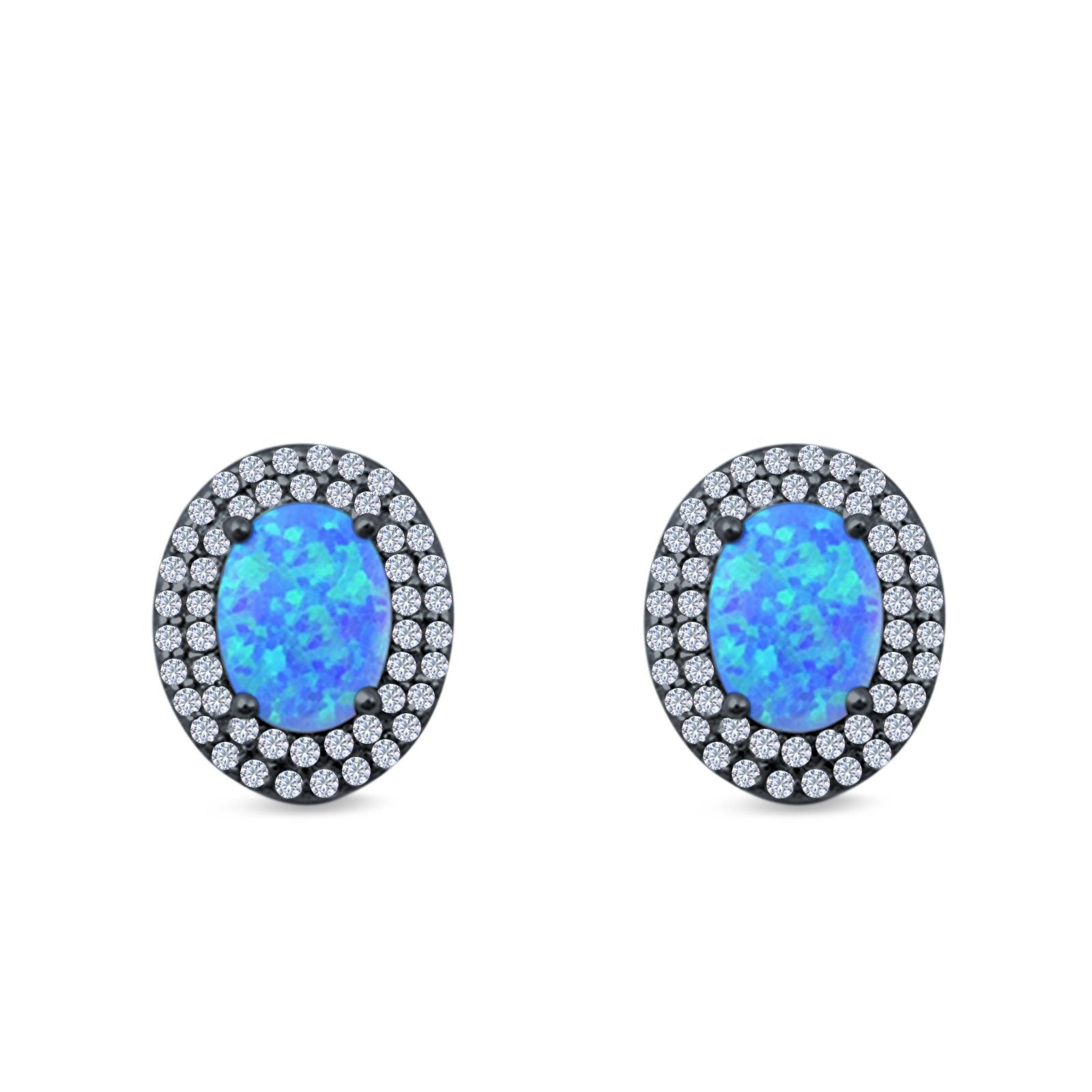 Double Halo Stud Earrings Oval Lab Created Opal 925 Sterling Silver