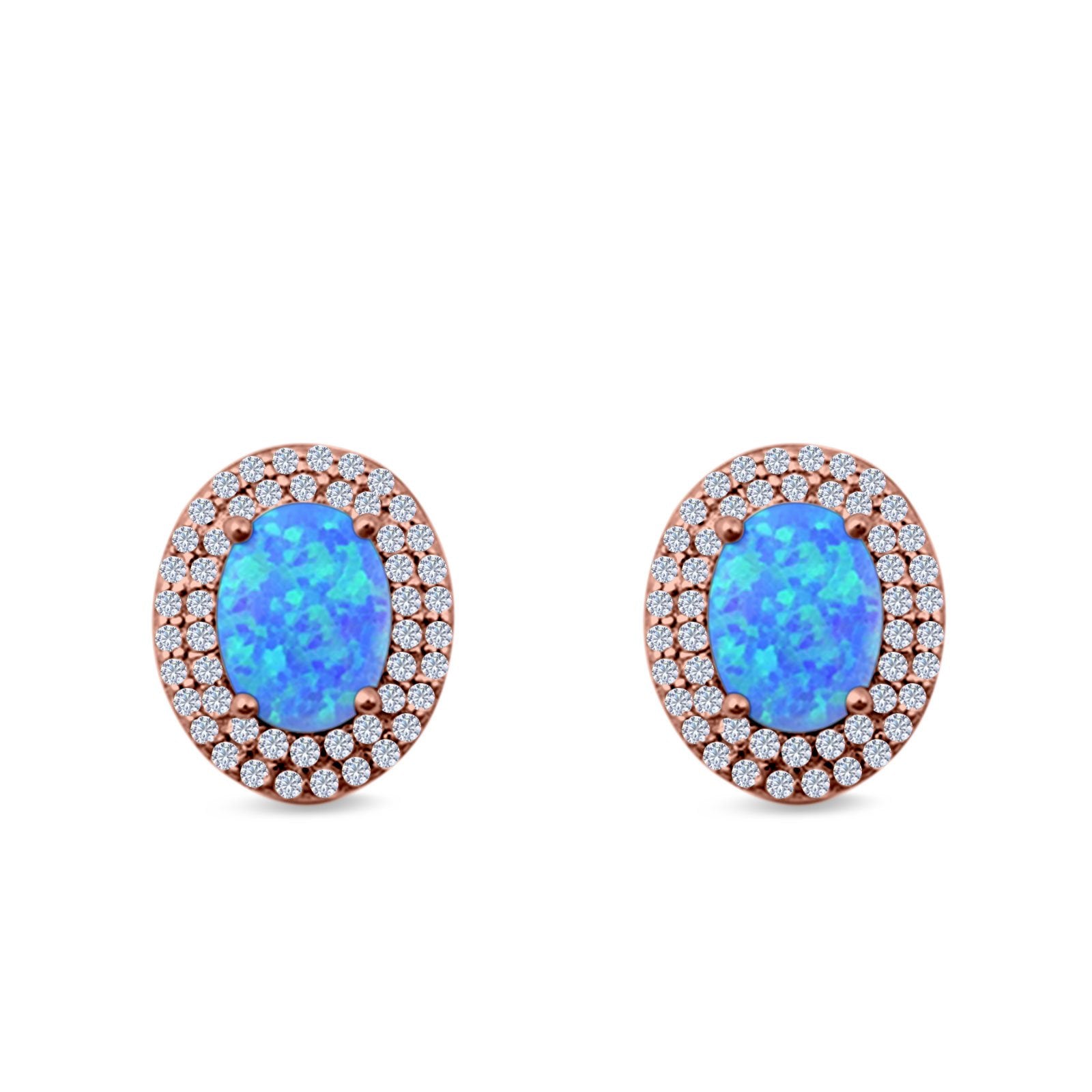 Double Halo Stud Earrings Oval Lab Created Opal 925 Sterling Silver