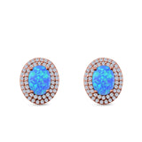 Double Halo Stud Earrings Oval Lab Created Opal 925 Sterling Silver