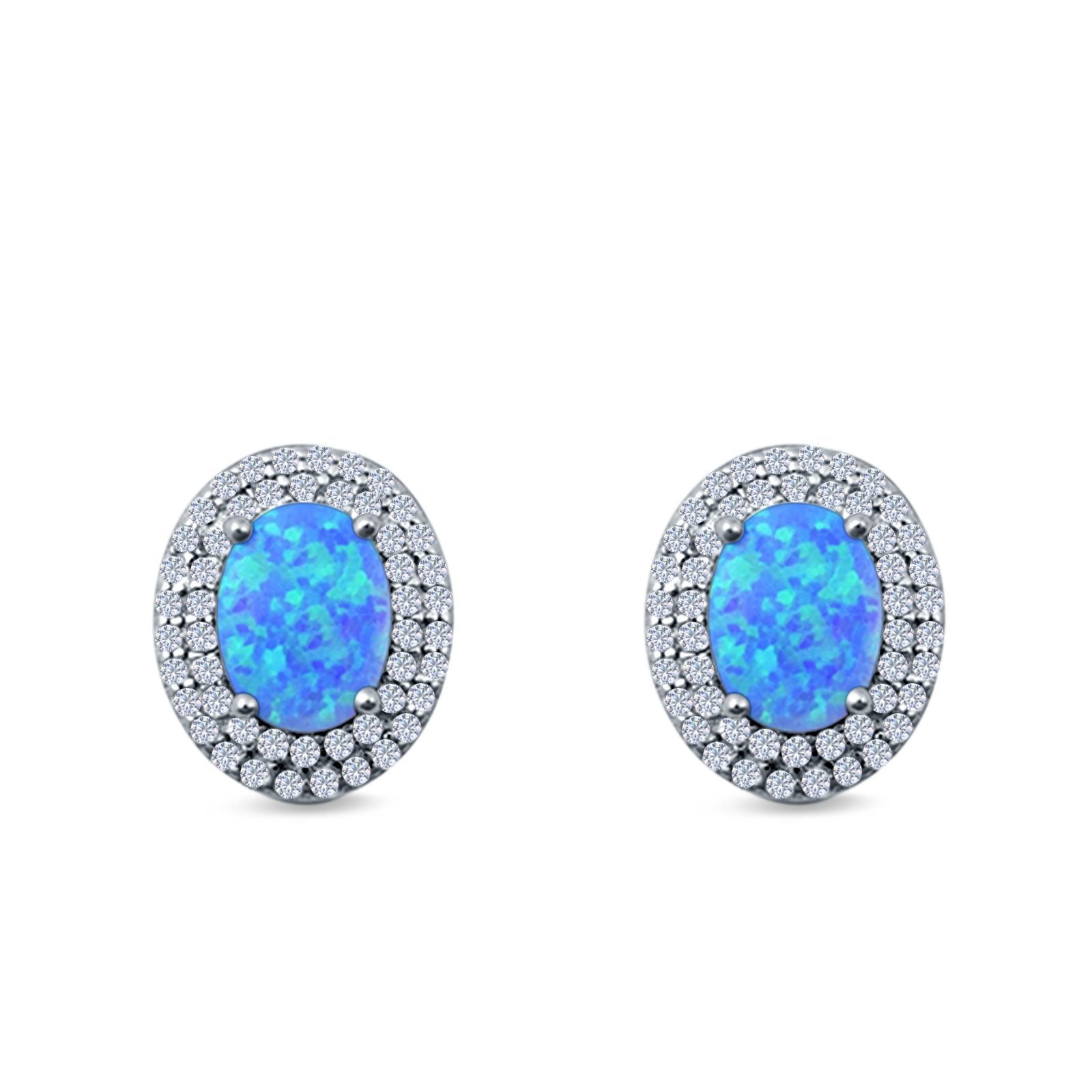 Double Halo Stud Earrings Oval Lab Created Opal 925 Sterling Silver
