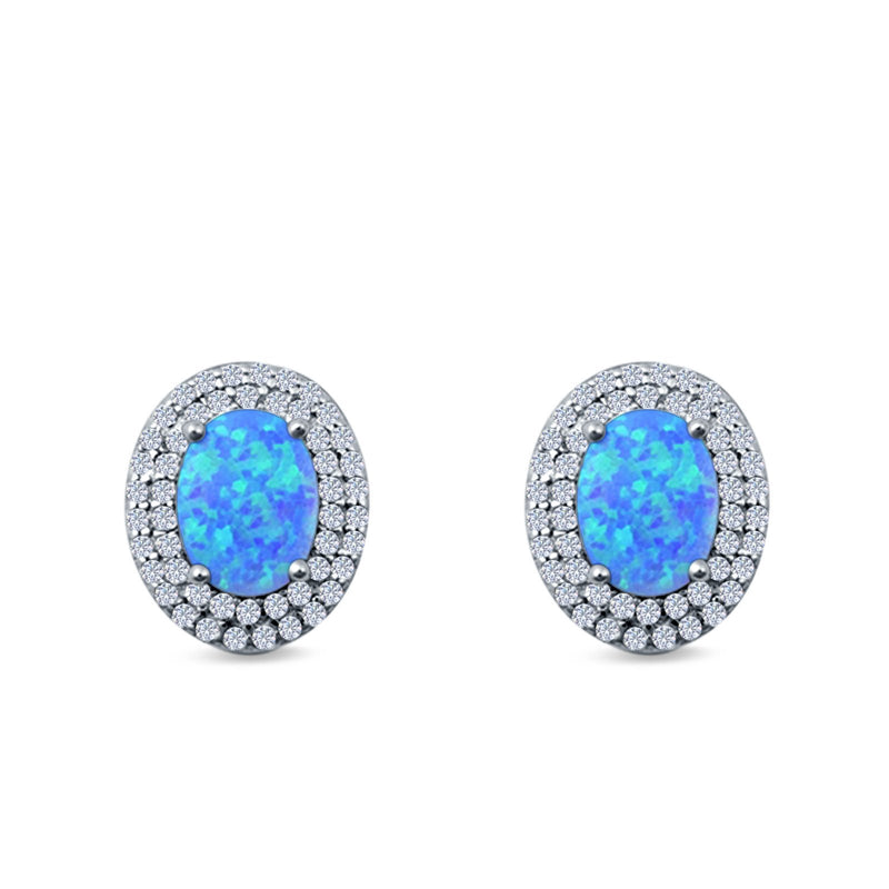 Double Halo Stud Earrings Oval Lab Created Opal 925 Sterling Silver