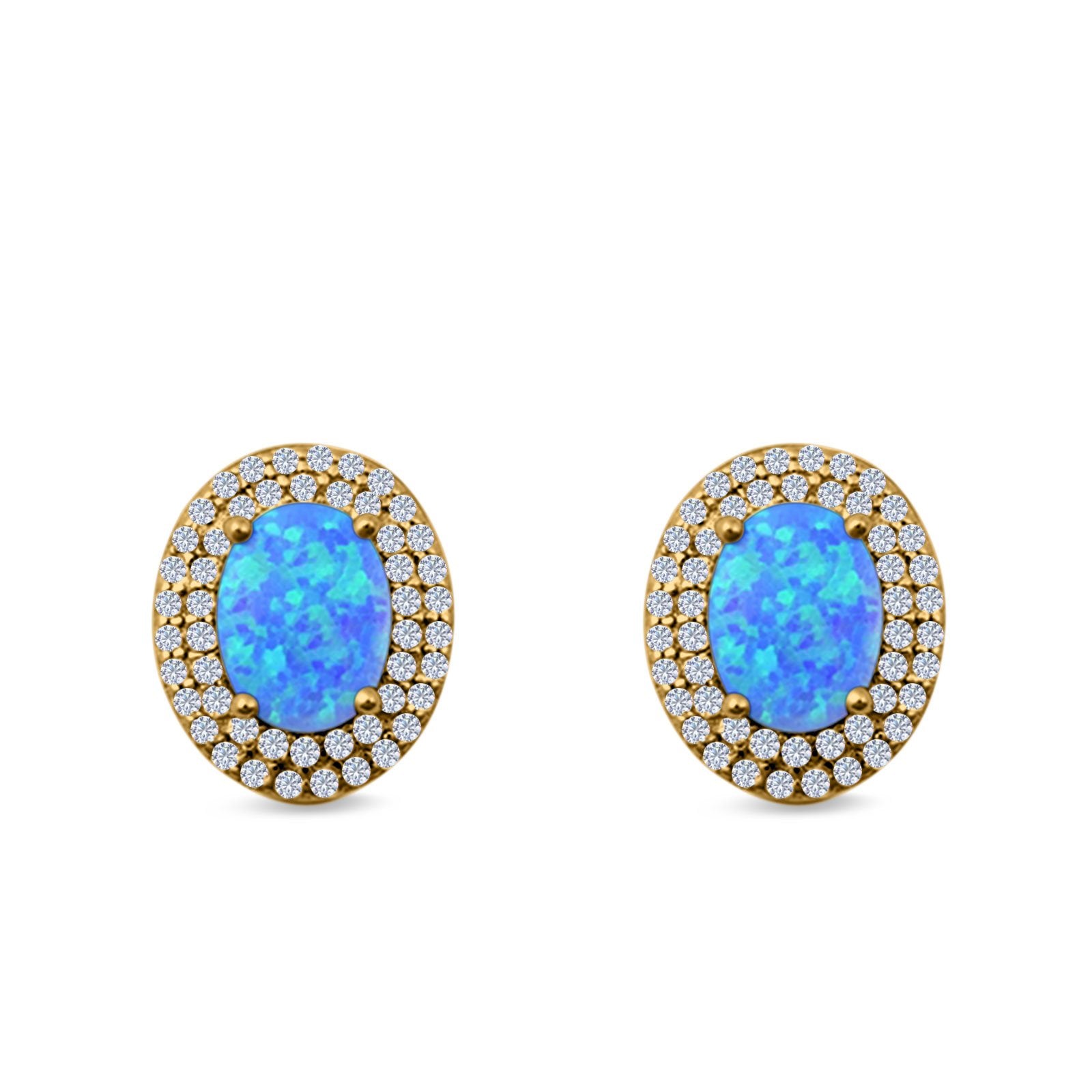 Double Halo Stud Earrings Oval Lab Created Opal 925 Sterling Silver
