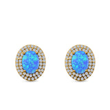 Double Halo Stud Earrings Oval Lab Created Opal 925 Sterling Silver