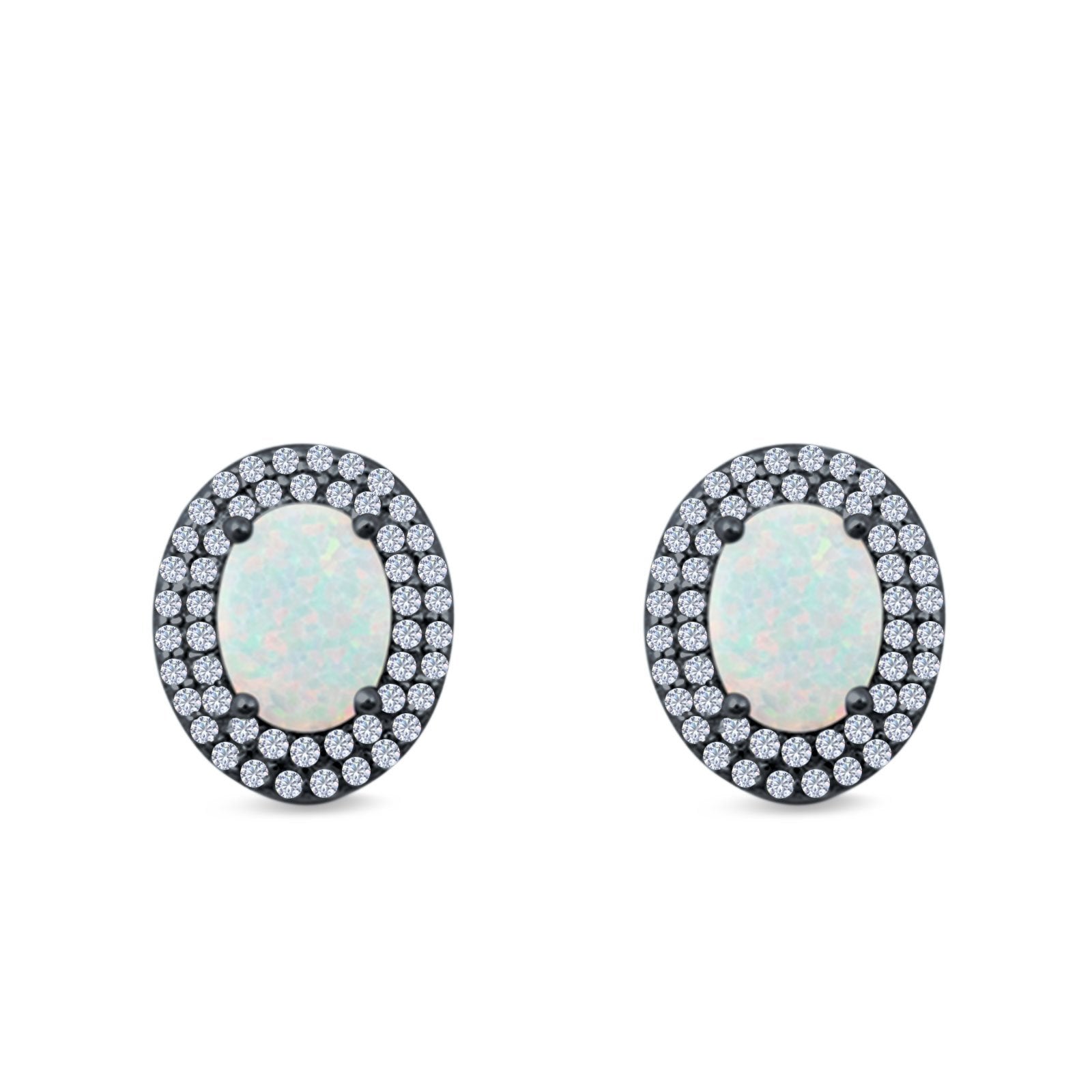 Double Halo Stud Earrings Oval Lab Created Opal 925 Sterling Silver