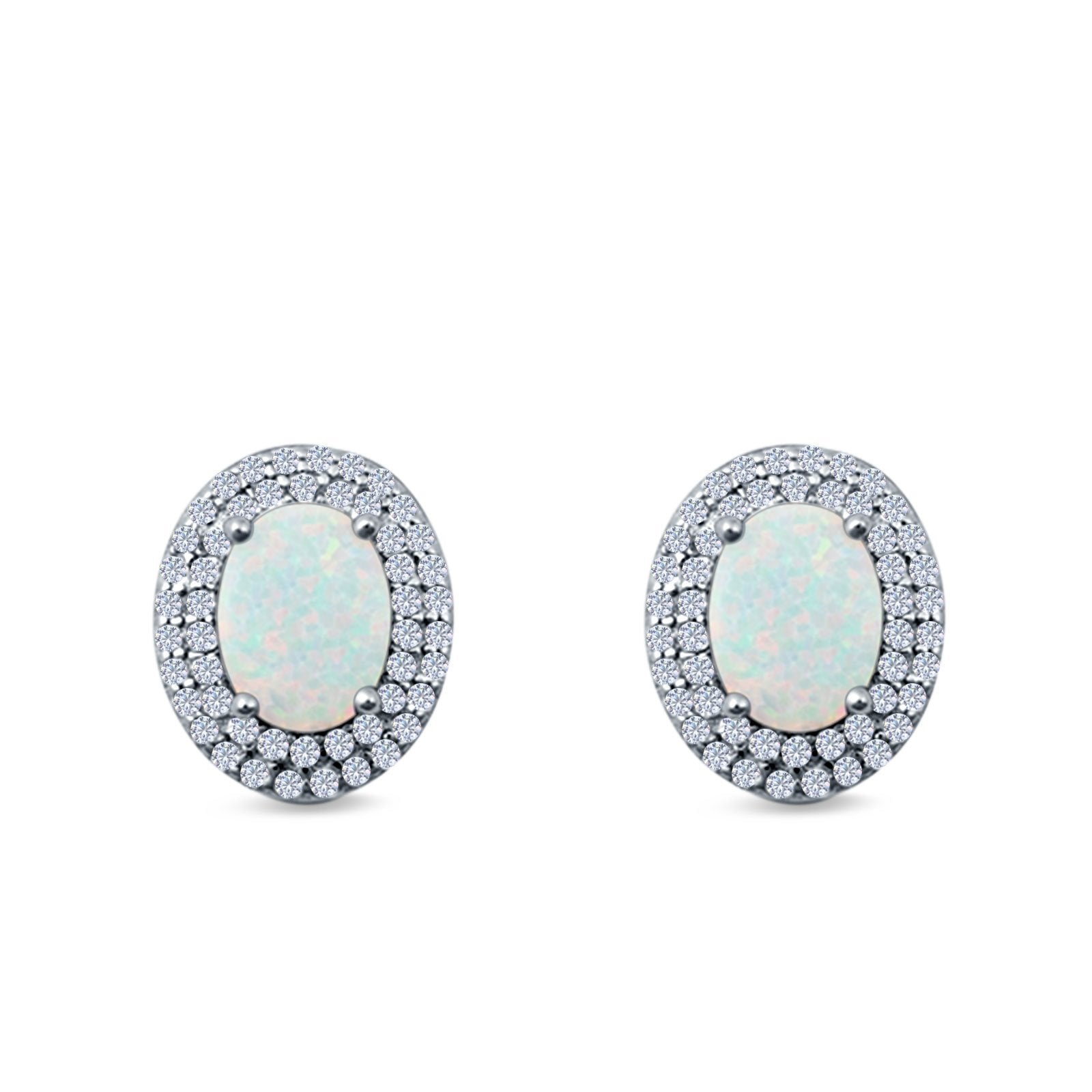 Double Halo Stud Earrings Oval Lab Created Opal 925 Sterling Silver