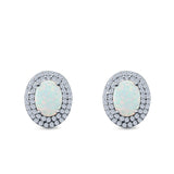 Double Halo Stud Earrings Oval Lab Created Opal 925 Sterling Silver