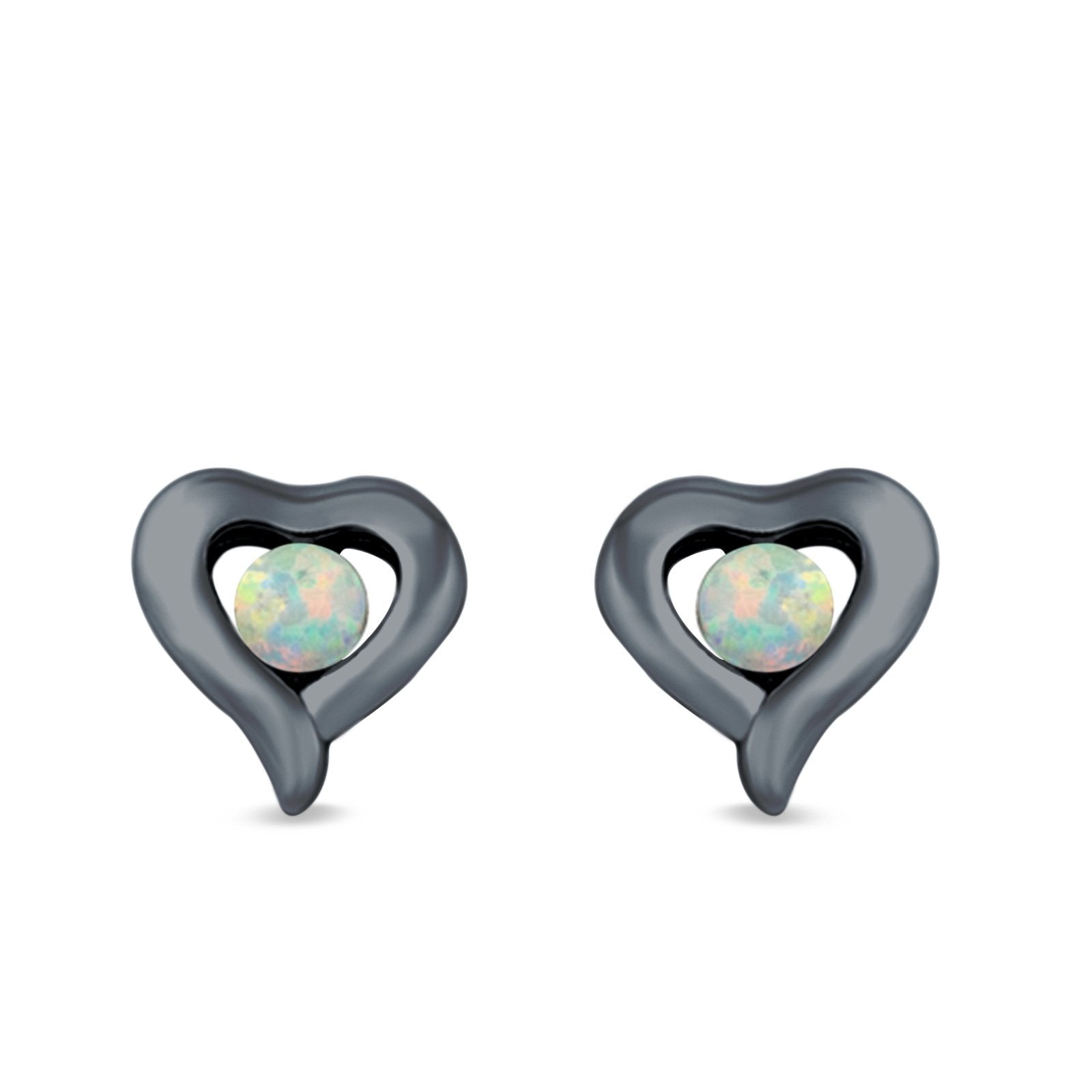 Heart Stud Earrings Round Lab Created Opal 925 Sterling Silver