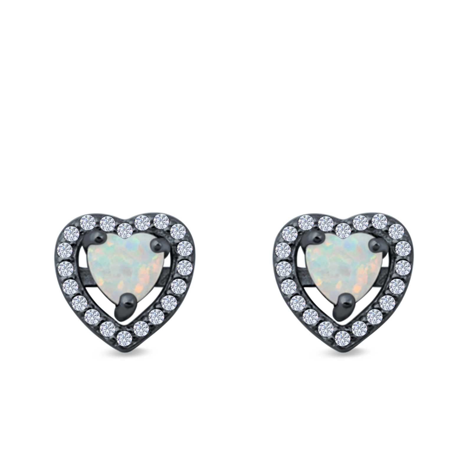 Halo Heart Stud Earrings Lab Created Opal 925 Sterling Silver