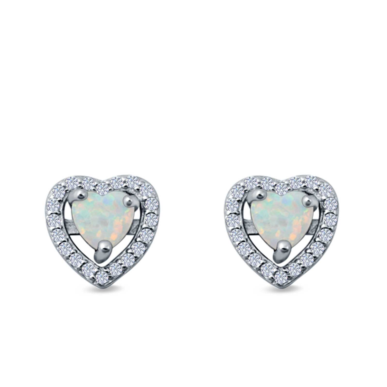 Halo Heart Stud Earrings Lab Created Opal 925 Sterling Silver