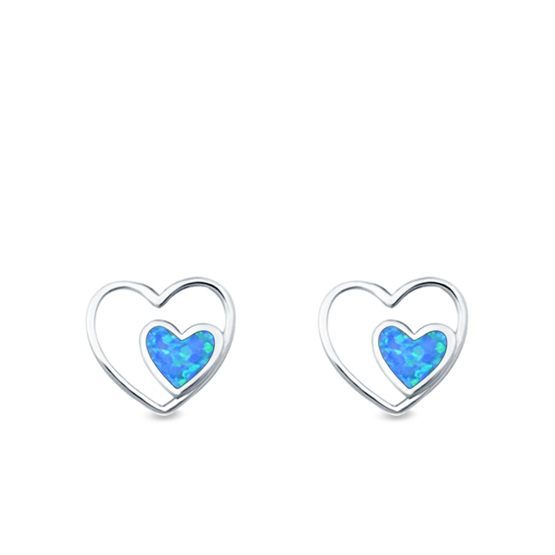 Double Hearts Stud Earrings Lab Created Opal 925 Sterling Silver (9mm)