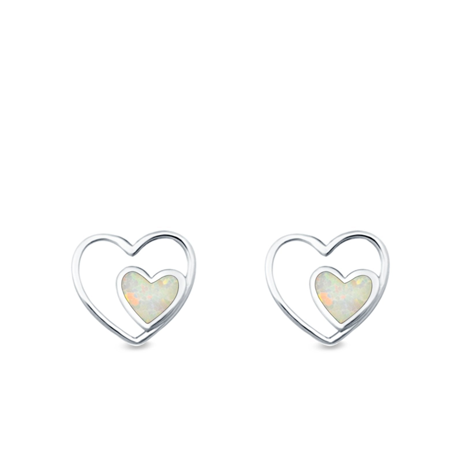 Double Hearts Stud Earrings Lab Created Opal 925 Sterling Silver (9mm)