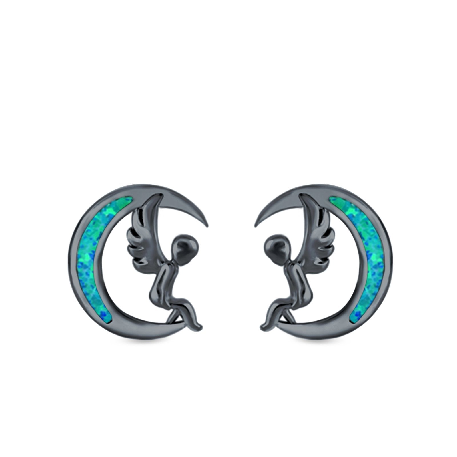 Moon & Angel Stud Earrings Lab Created Opal 925 Sterling Silver (10.5mm)