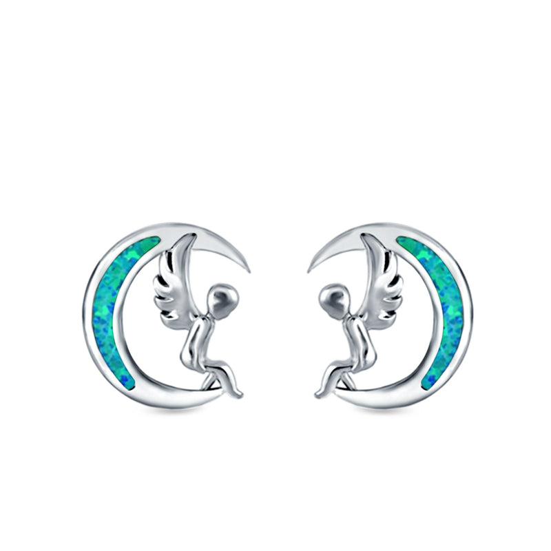 Moon & Angel Stud Earrings Lab Created Opal 925 Sterling Silver (10.5mm)
