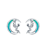 Moon & Angel Stud Earrings Lab Created Opal 925 Sterling Silver (10.5mm)