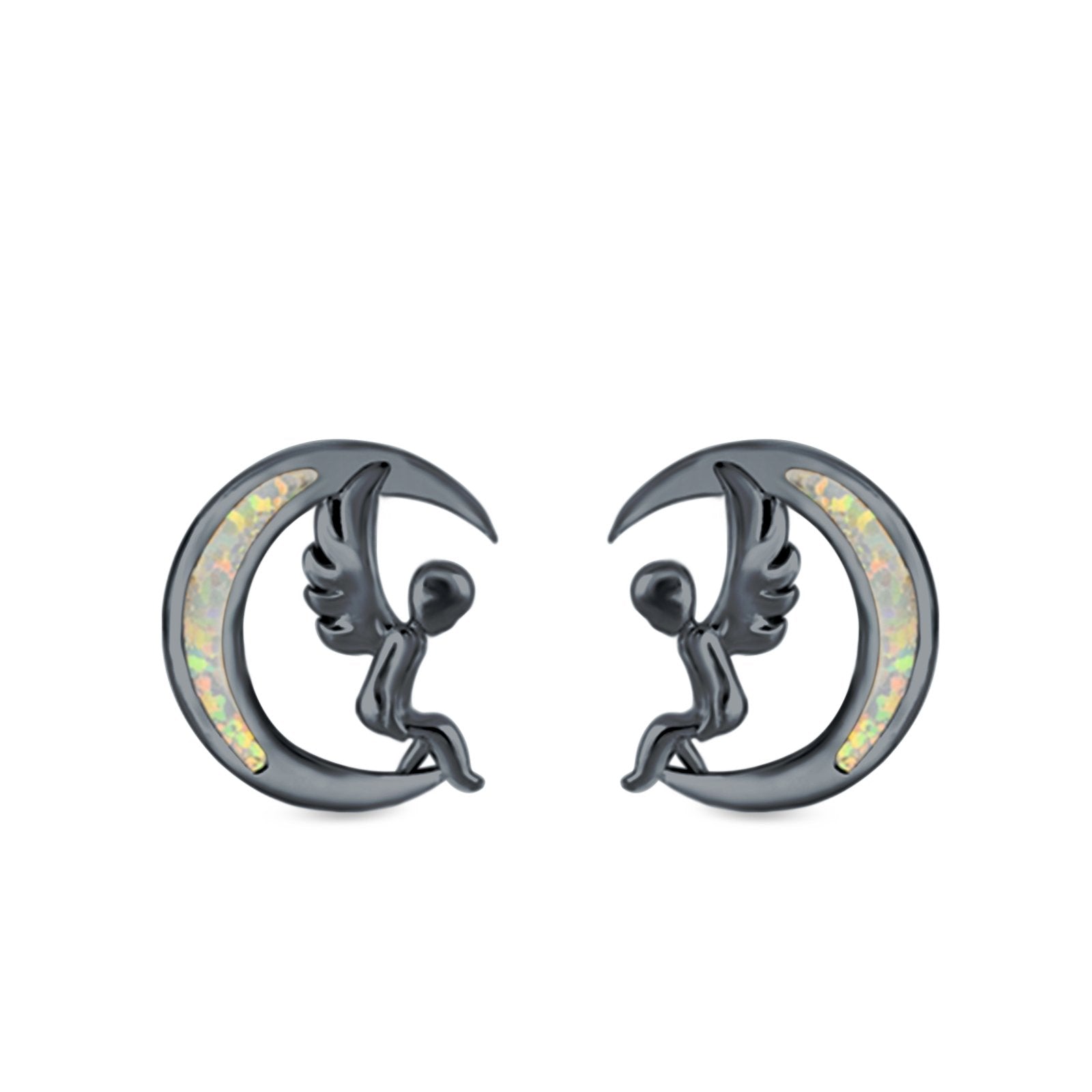 Moon & Angel Stud Earrings Lab Created Opal 925 Sterling Silver (10.5mm)