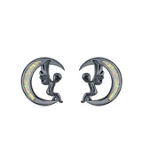 Moon & Angel Stud Earrings Lab Created Opal 925 Sterling Silver (10.5mm)
