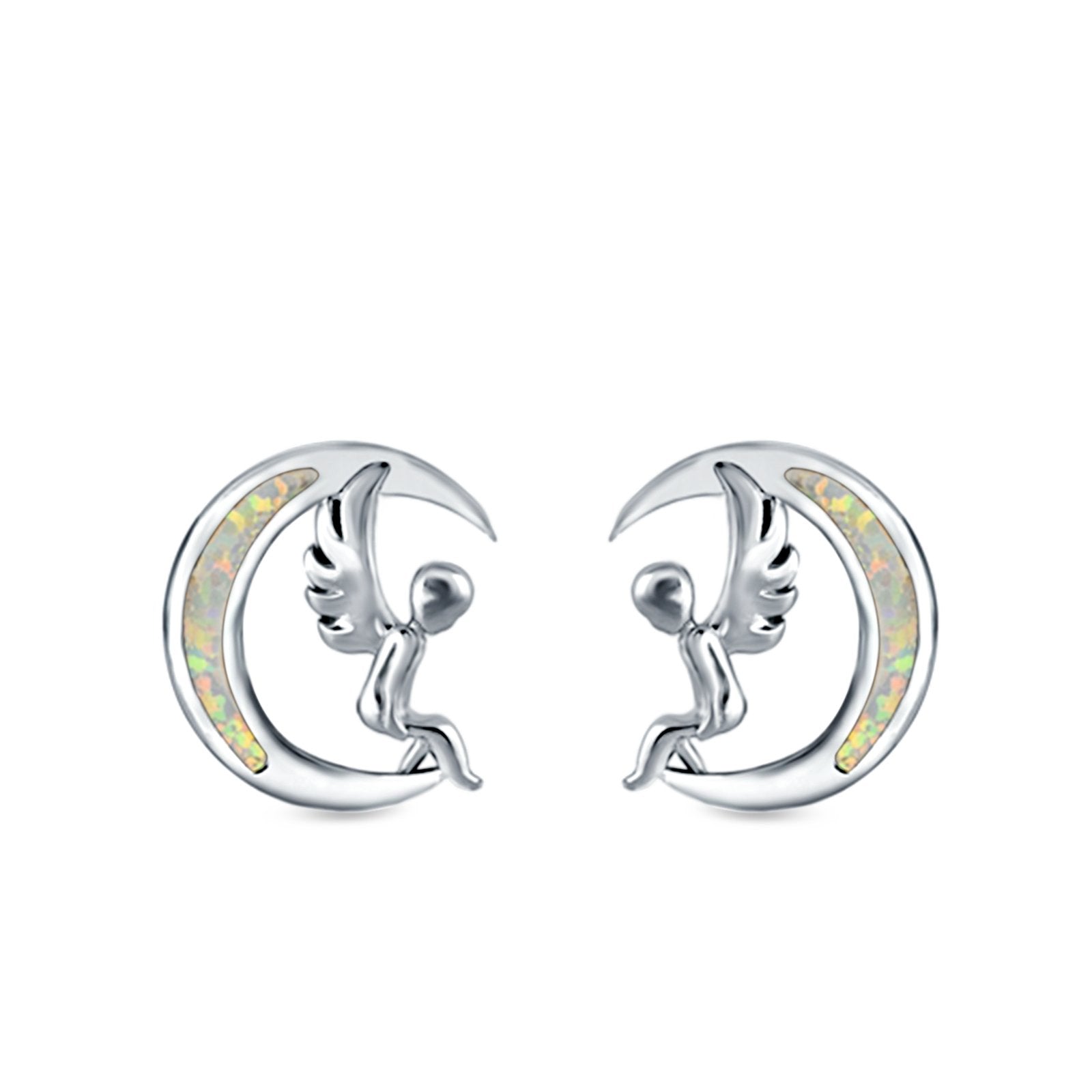 Moon & Angel Stud Earrings Lab Created Opal 925 Sterling Silver (10.5mm)
