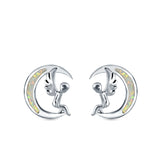 Moon & Angel Stud Earrings Lab Created Opal 925 Sterling Silver (10.5mm)