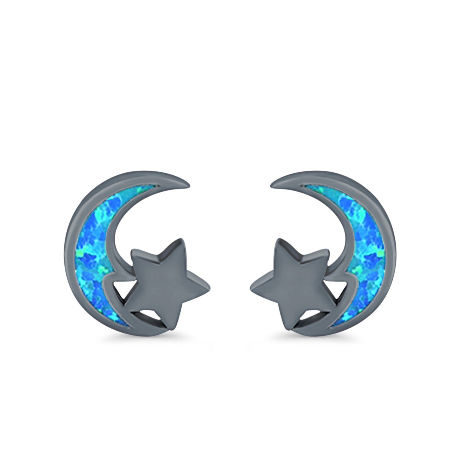 Moon & Star Stud Earrings Created Opal 925 Sterling Silver (8mm)