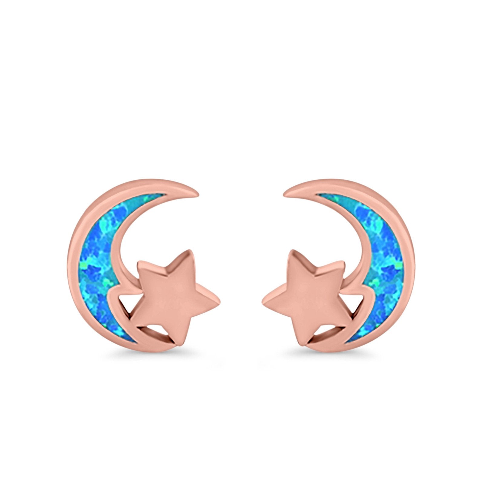 Moon & Star Stud Earrings Created Opal 925 Sterling Silver (8mm)