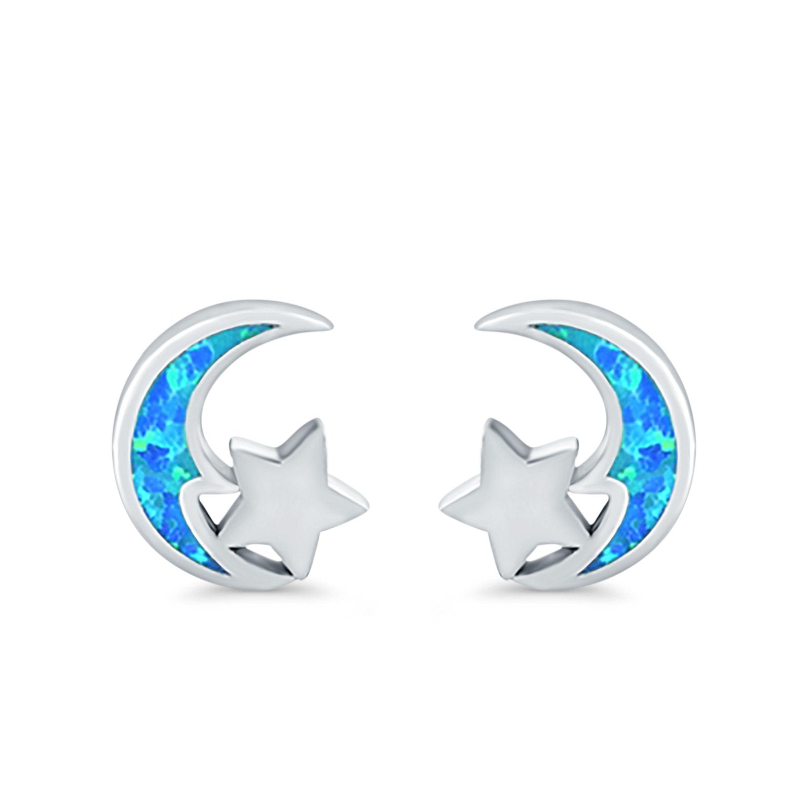 Moon & Star Stud Earrings Created Opal 925 Sterling Silver (8mm)