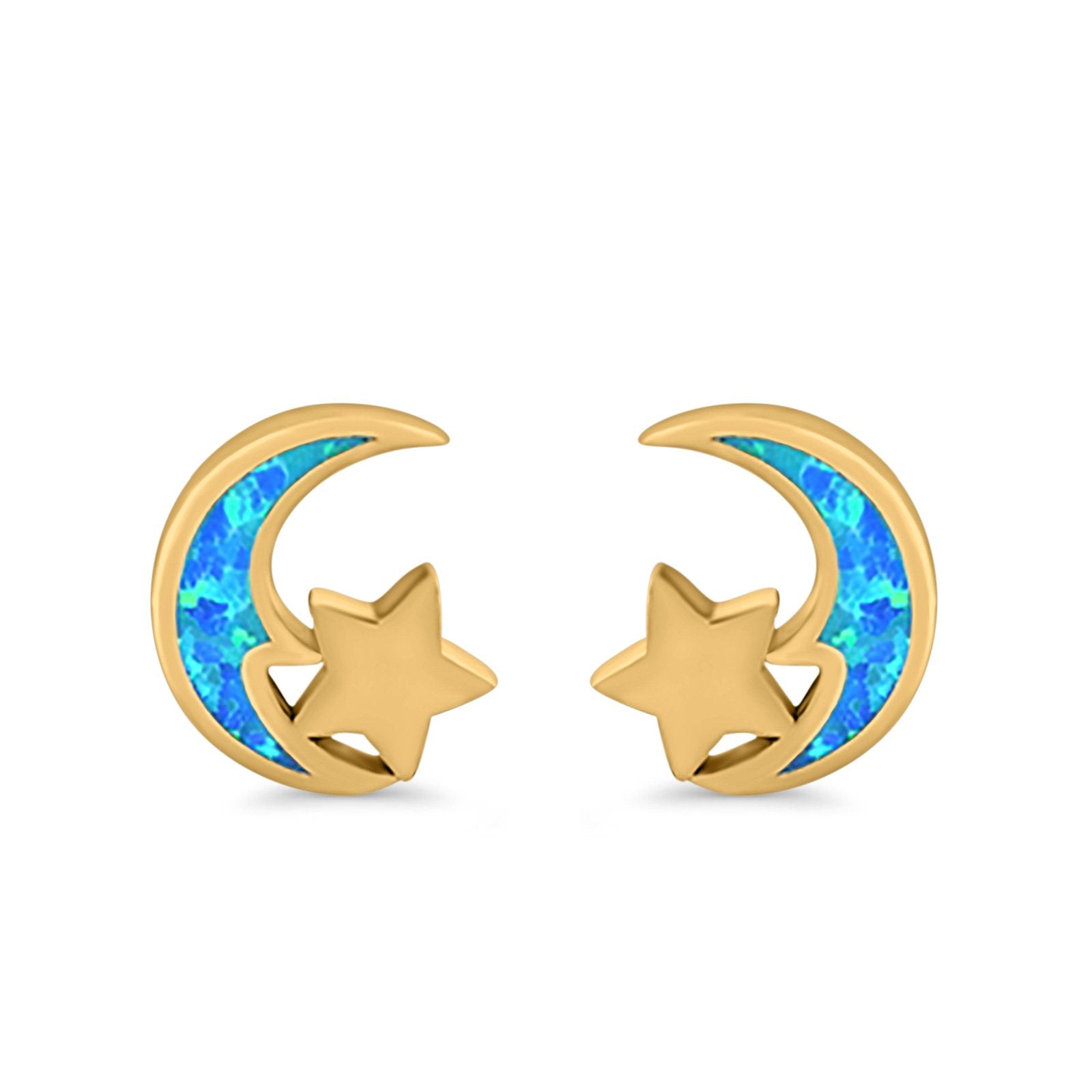 Moon & Star Stud Earrings Created Opal 925 Sterling Silver (8mm)