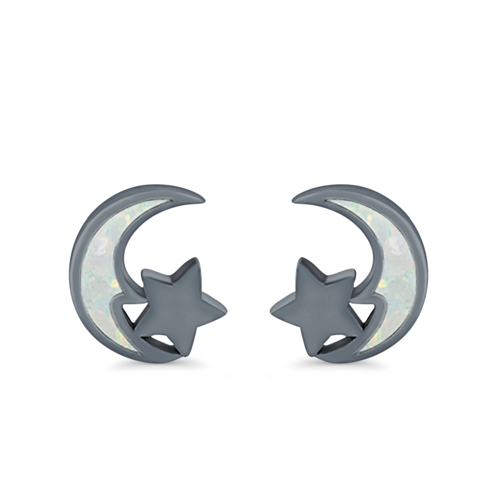 Moon & Star Stud Earrings Created Opal 925 Sterling Silver (8mm)